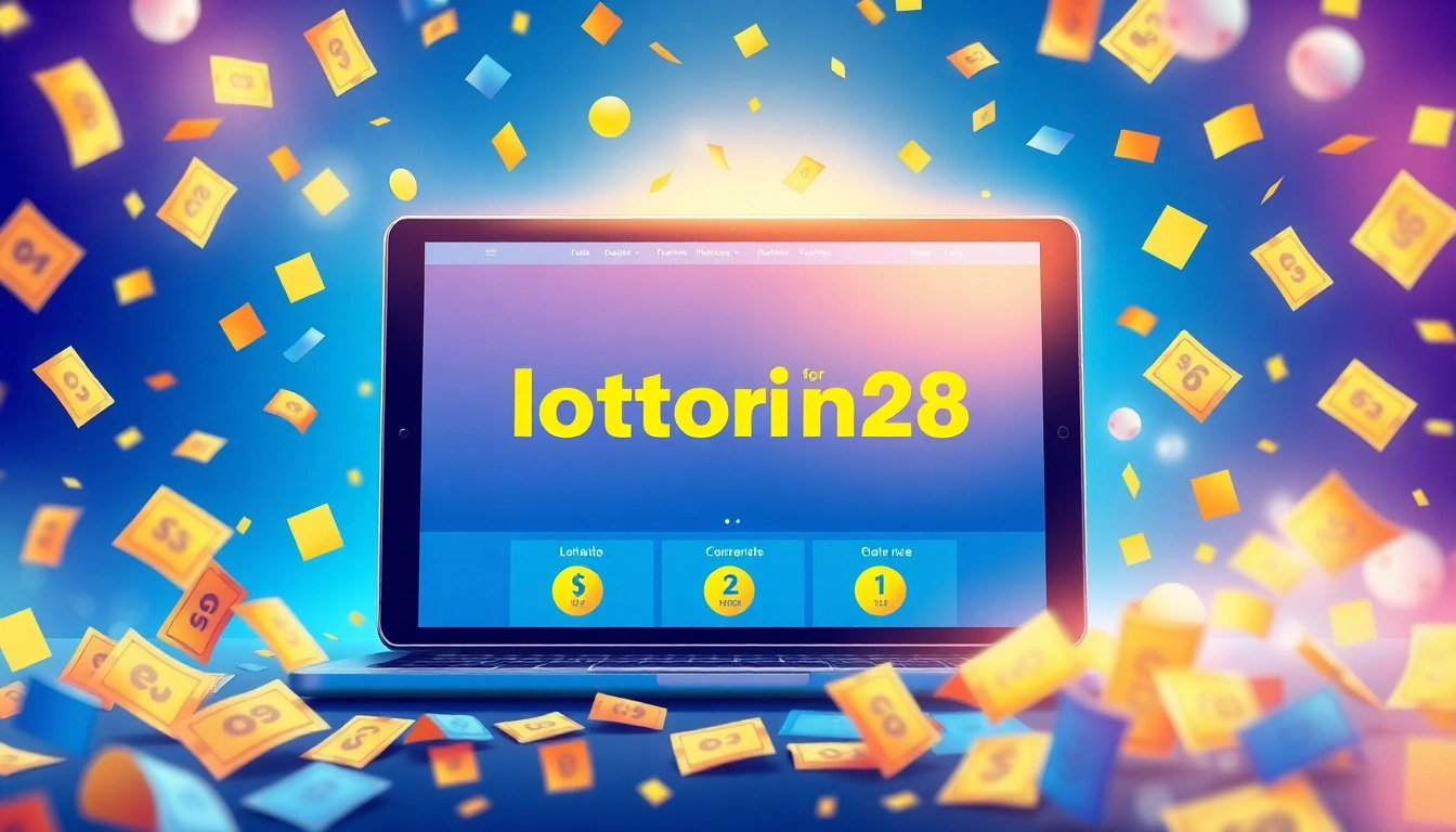 Explore lottorich28's exciting online lottery platform with vibrant tickets and digital devices.