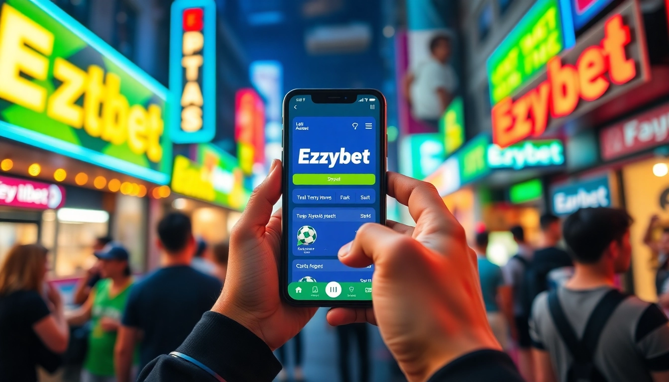 Ezybet app on a smartphone in a vibrant urban setting with neon lights.