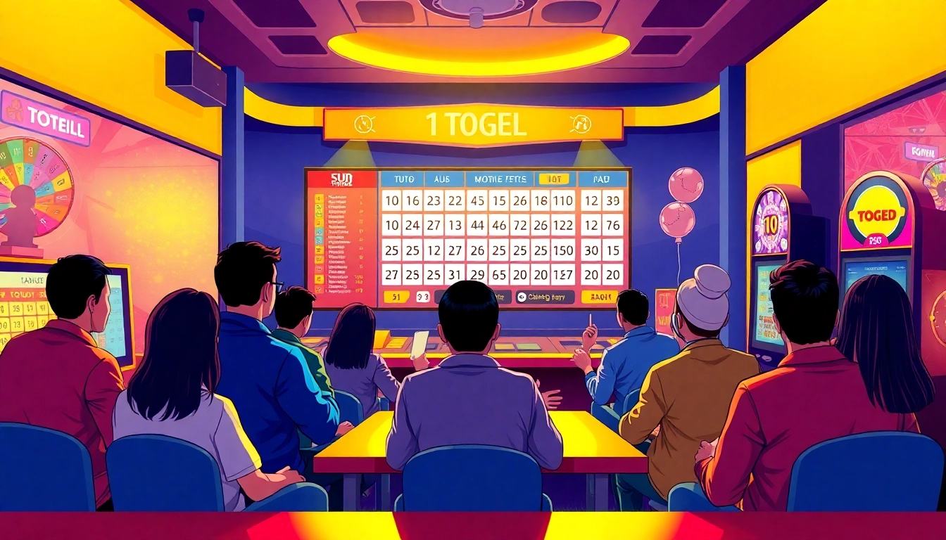 Players engaging with a bright digital display showcasing situs togel lottery results and vibrant lottery elements.