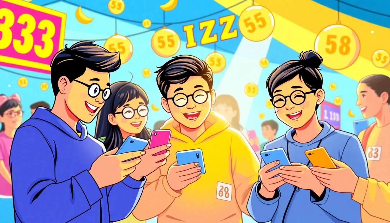 A dynamic lottery scene showcasing players engaging with the huaysod app on their smartphones, reflecting excitement and visual energy.