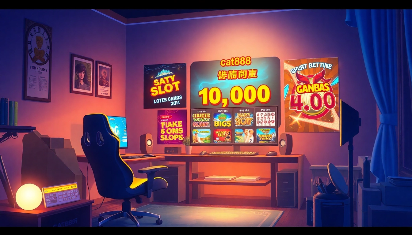 Engage with cat888's inviting gaming setup showcasing lottery tickets and sleek gaming tech.