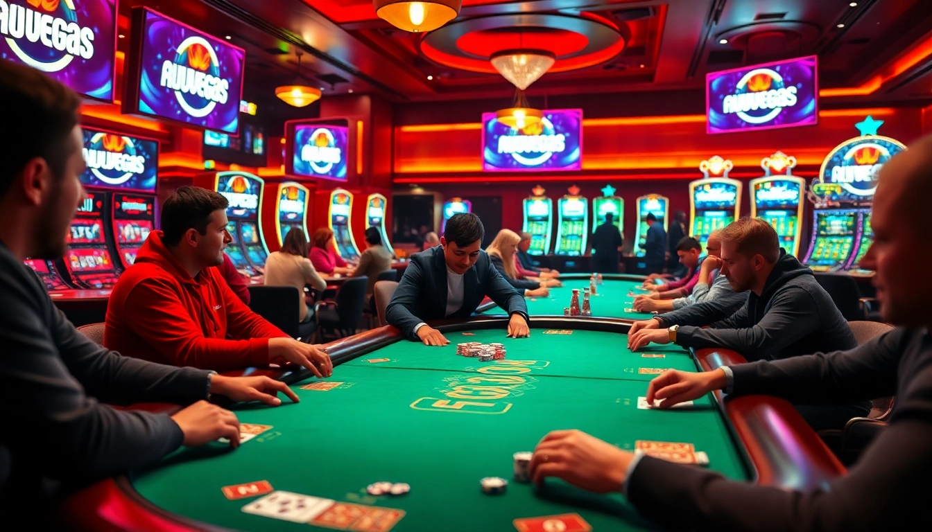 Engage in thrilling poker action at ausvegas.xyz/, showcasing intense gameplay and vibrant atmosphere.