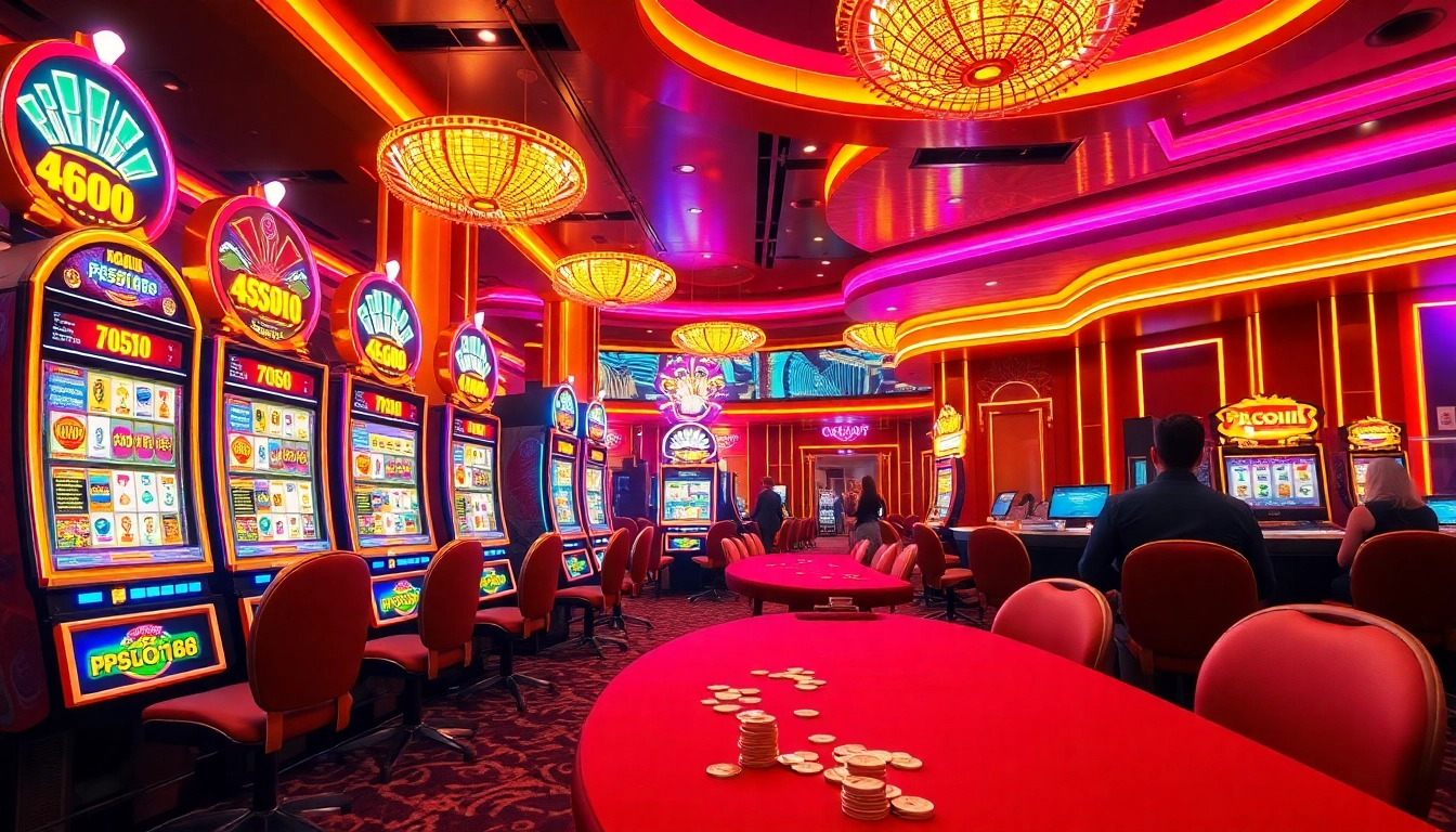 Experience excitement with pgslot168 slot machines in a vibrant casino setting featuring lively players.