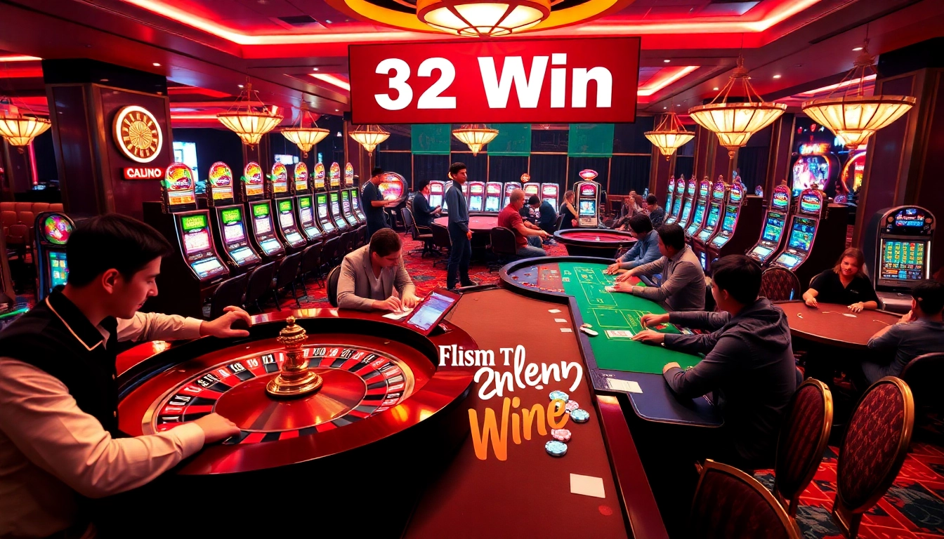 Exciting scene of 32 Win-themed casino gaming with a roulette wheel and players engaged.