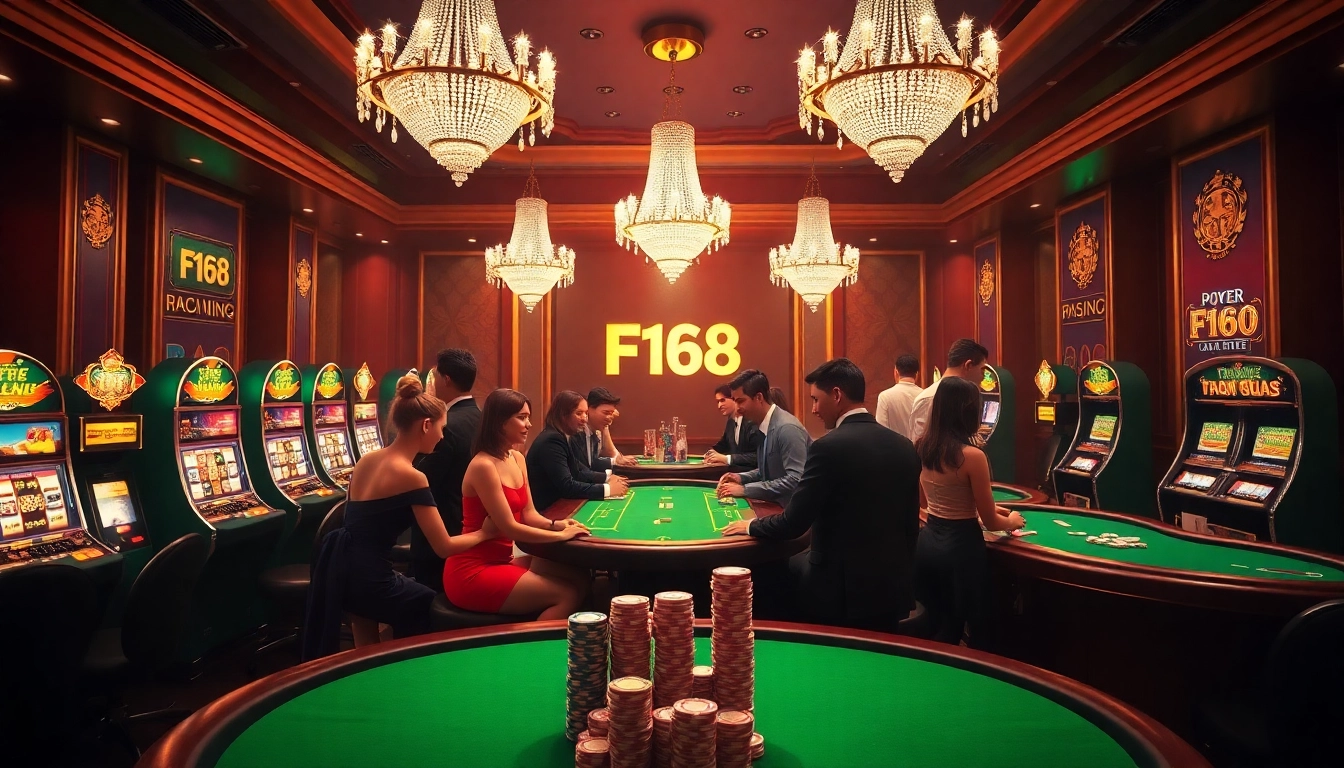 Players enjoying diverse games at thương hiệu F168 casino, showcasing vibrant slot machines and poker chips.