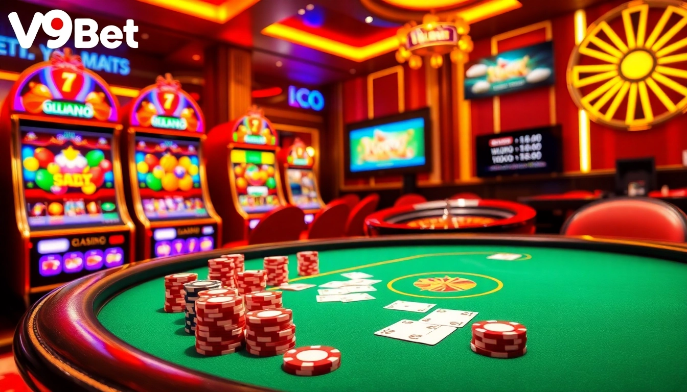 Engage with khuyến mãi v9bet clips at an energetic casino scene, filled with poker chips and vibrant slot machines.