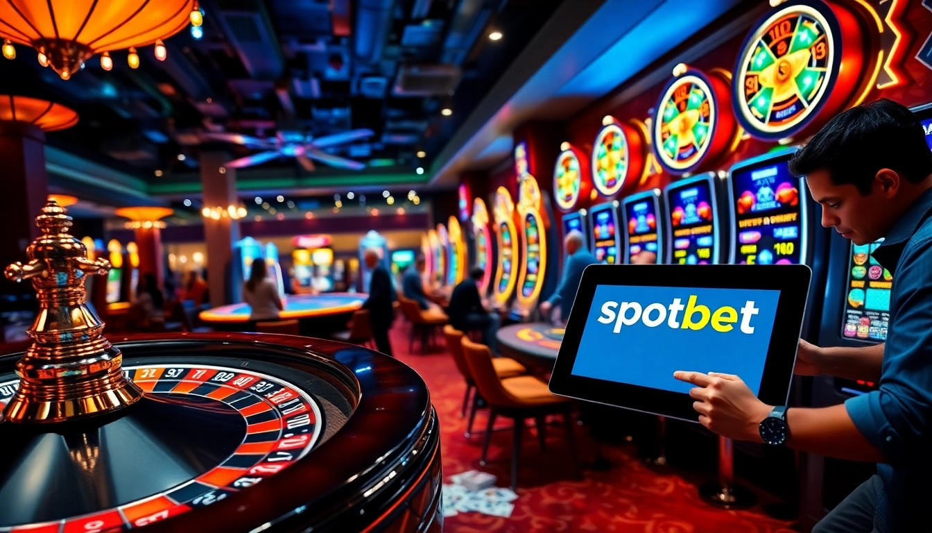 Spotbet showcases a thrilling casino experience with players at roulette and blackjack tables, capturing excitement and high stakes.