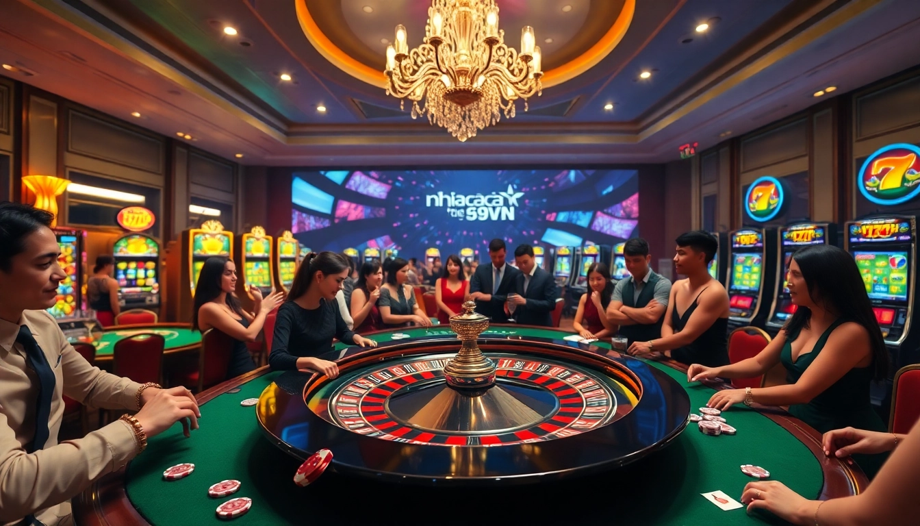 Stunning casino scene highlighting excitement at nhà cái 69VN with players enjoying roulette and slot machines.