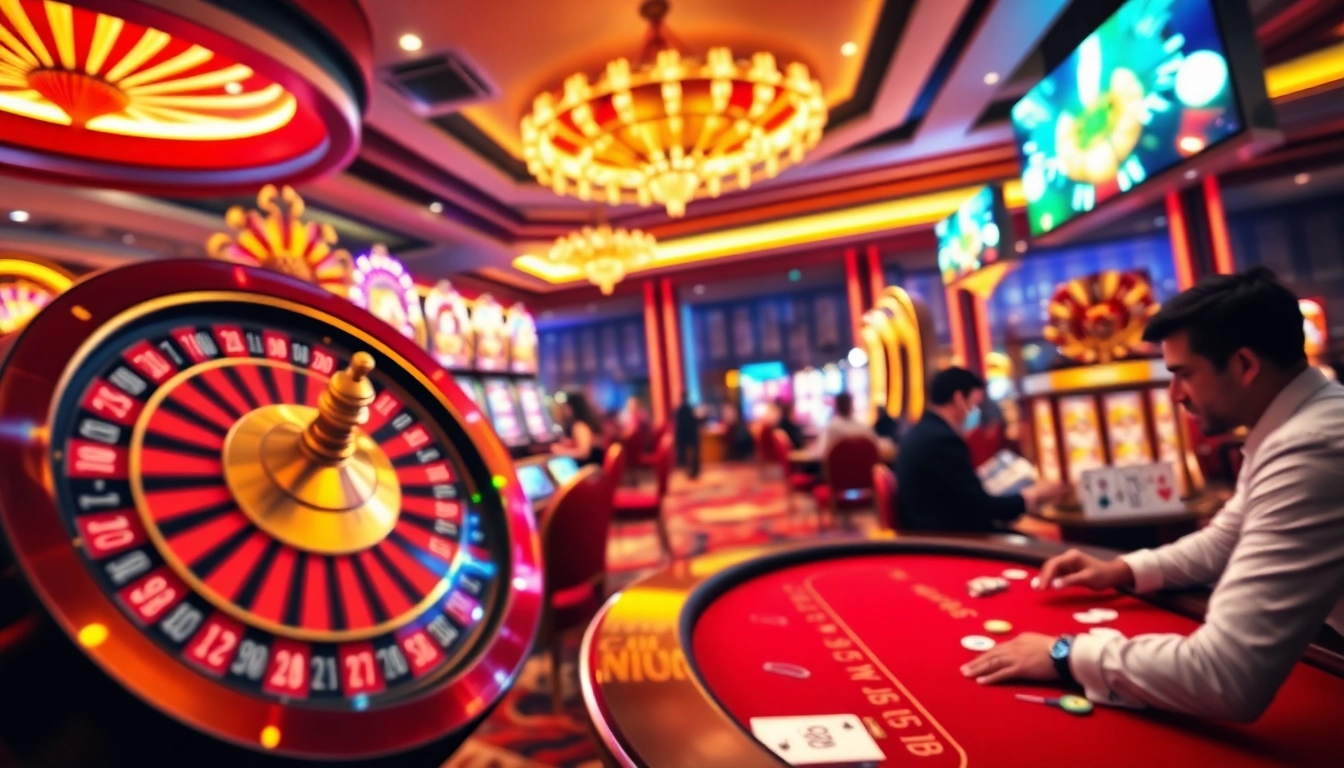 Exciting casino scene with players at roulette and poker tables. Visit https://debet7a.com/ for top online gambling experiences.