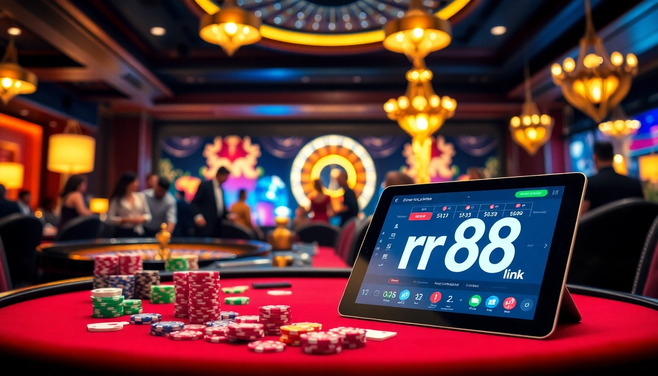 The rr88 link showcased in a vibrant casino setting with poker chips and a roulette wheel, highlighting exciting gambling action.