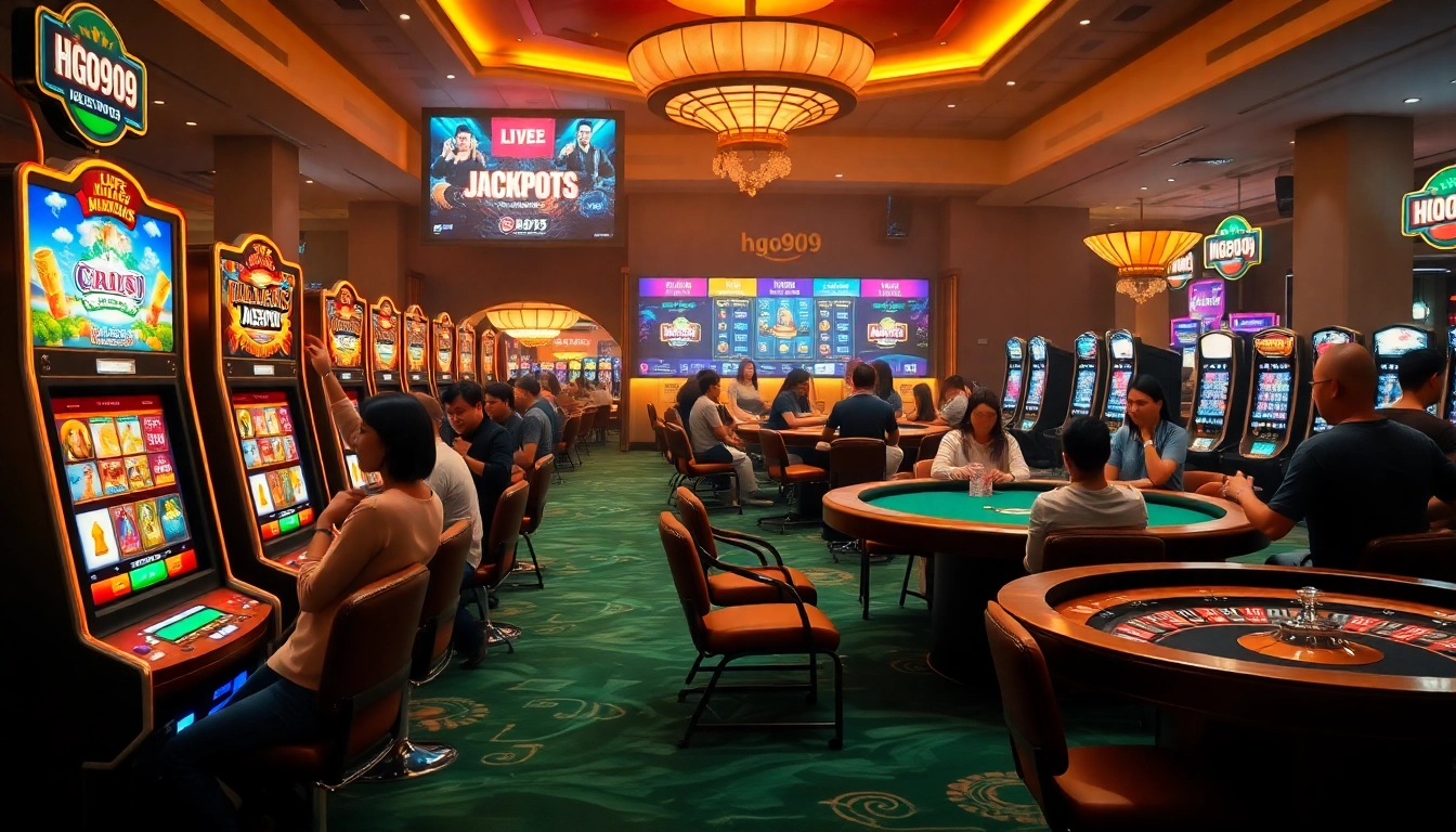 Exciting scene of players immersed in hgo909's vibrant casino environment, featuring slots and poker action.
