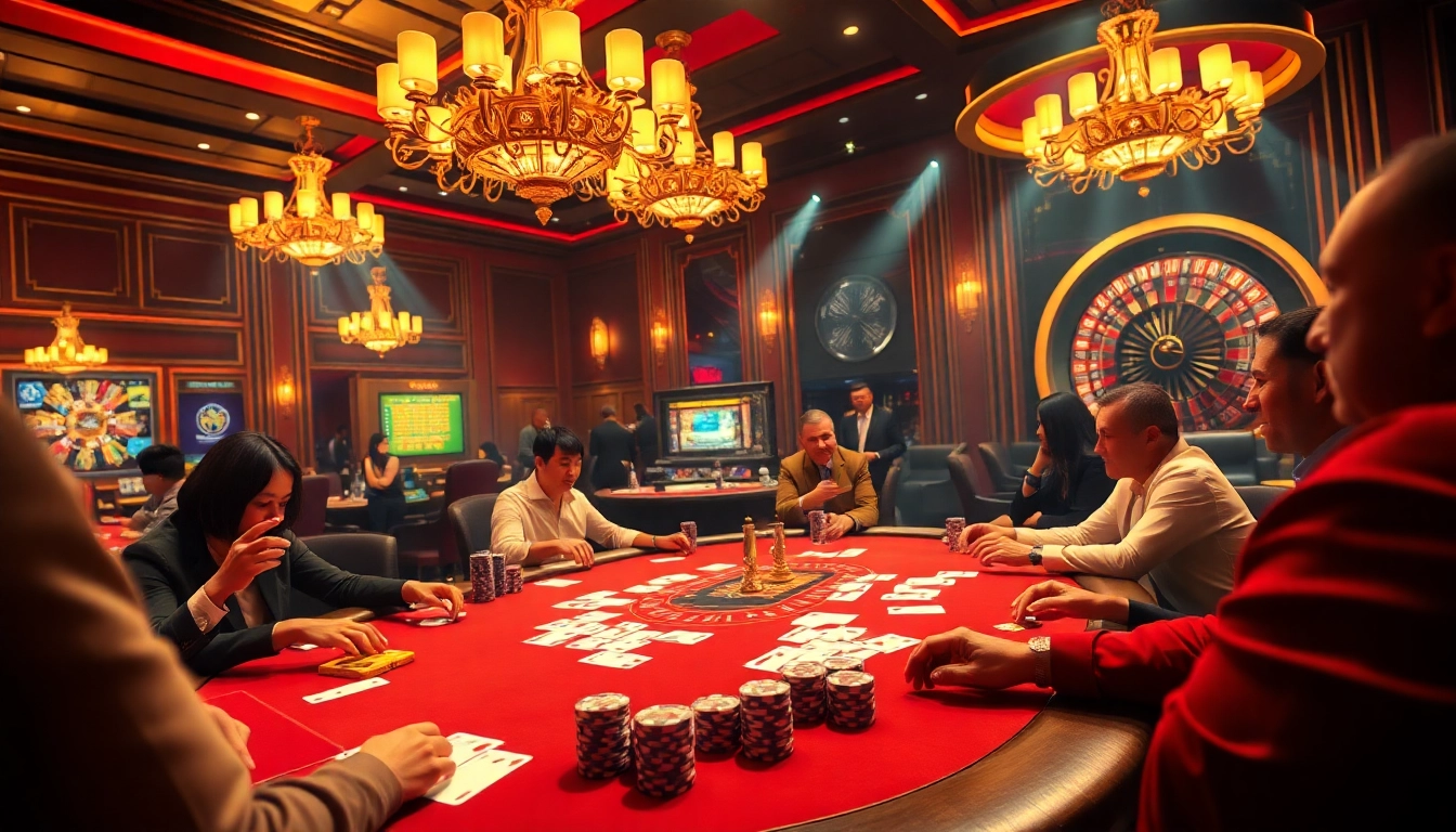 Experience the thrill of Nhà cái uy tín at an elegant casino table with vibrant poker games.