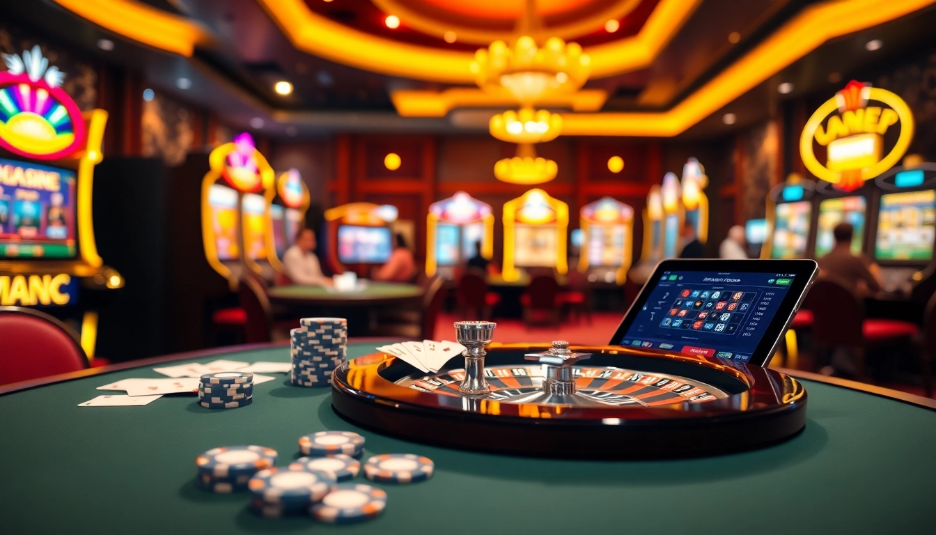 Experience kubet đăng nhập in a lively casino setting with poker chips, cards, and vibrant slot machines.