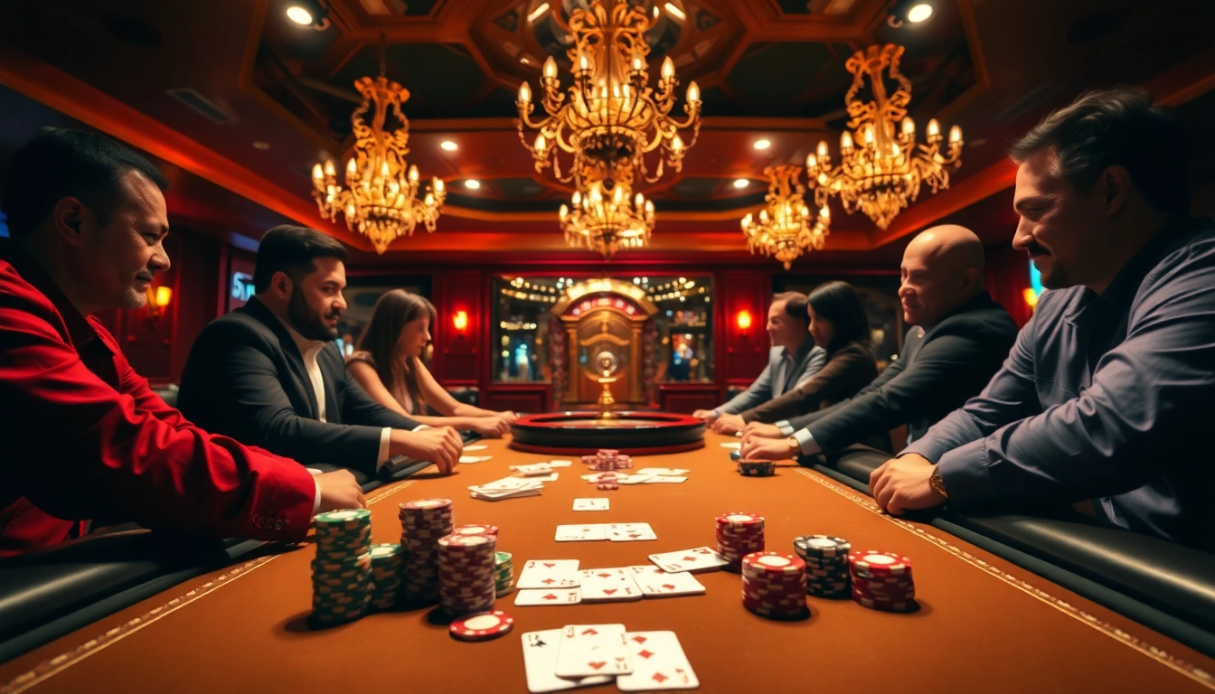 Players at a high-stakes poker game experience the 32 Win excitement while betting lavishly at a casino.