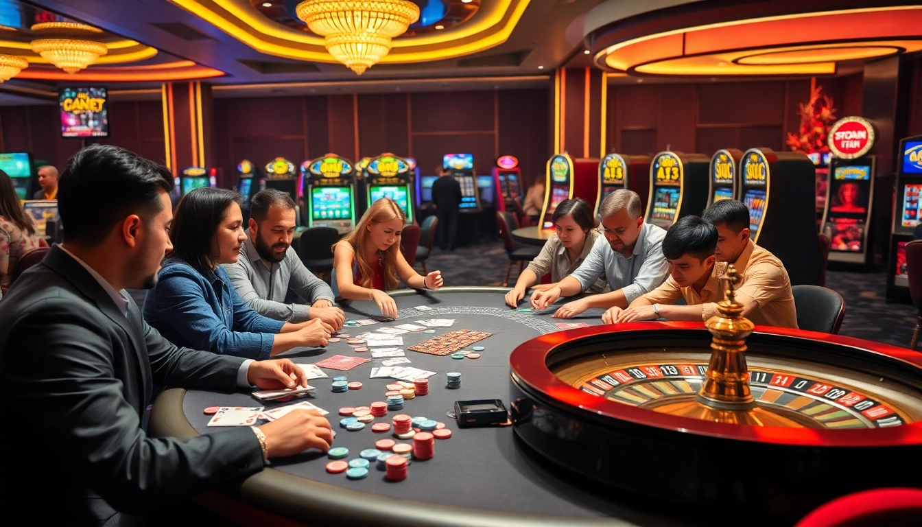 Players enjoy thrilling poker action at a nhà cái uy tín nhất Việt Nam casino table with vibrant gaming elements.