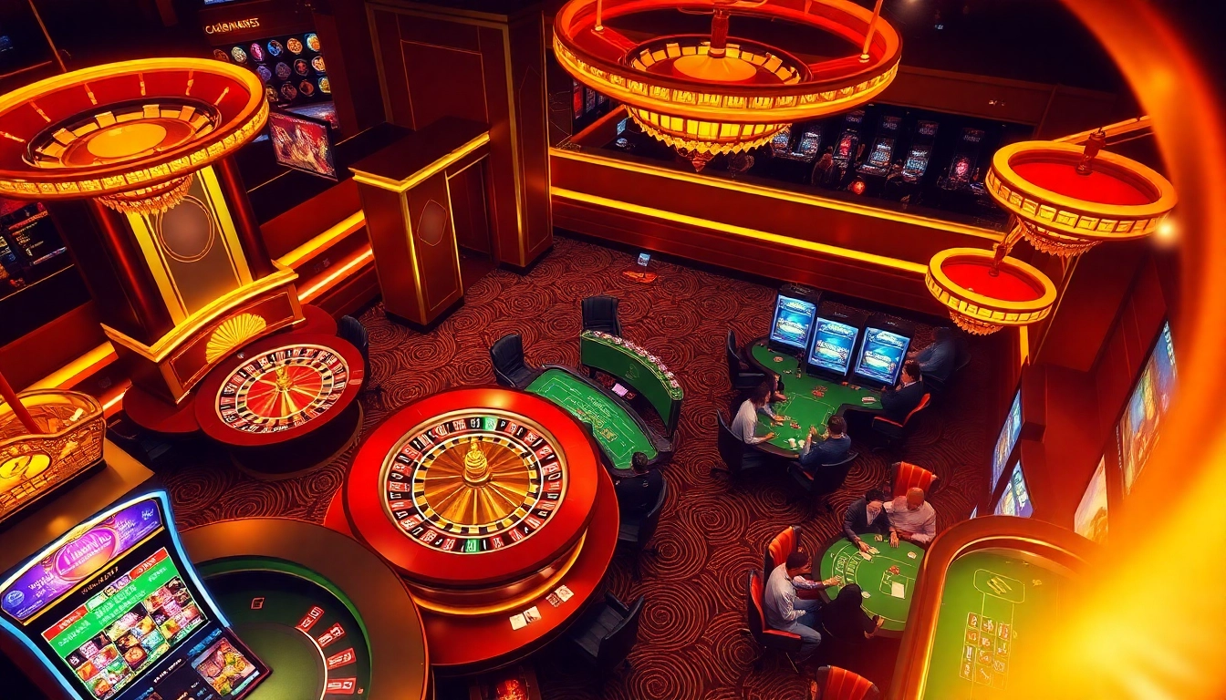 Exciting casino environment showcasing deneme bonusu veren siteler with roulette wheels, poker tables, and slot machines.