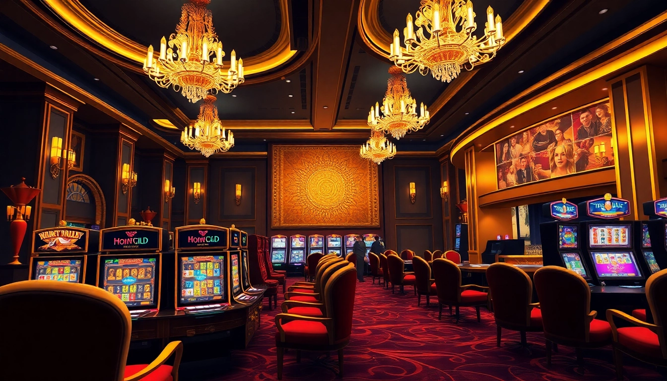 Players enjoying the luxurious atmosphere of Mount Gold Casino with golden decor and vibrant games.