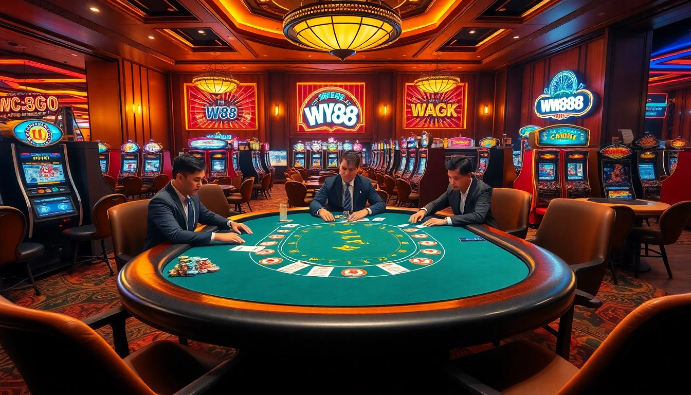 WW88 casino scene depicting thrilling poker action with vibrant gaming tables.