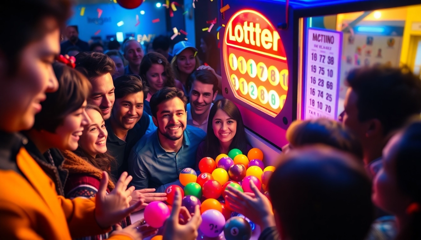 People celebrating their lottery hopes around a vibrant draw, infused with excitement and anticipation.