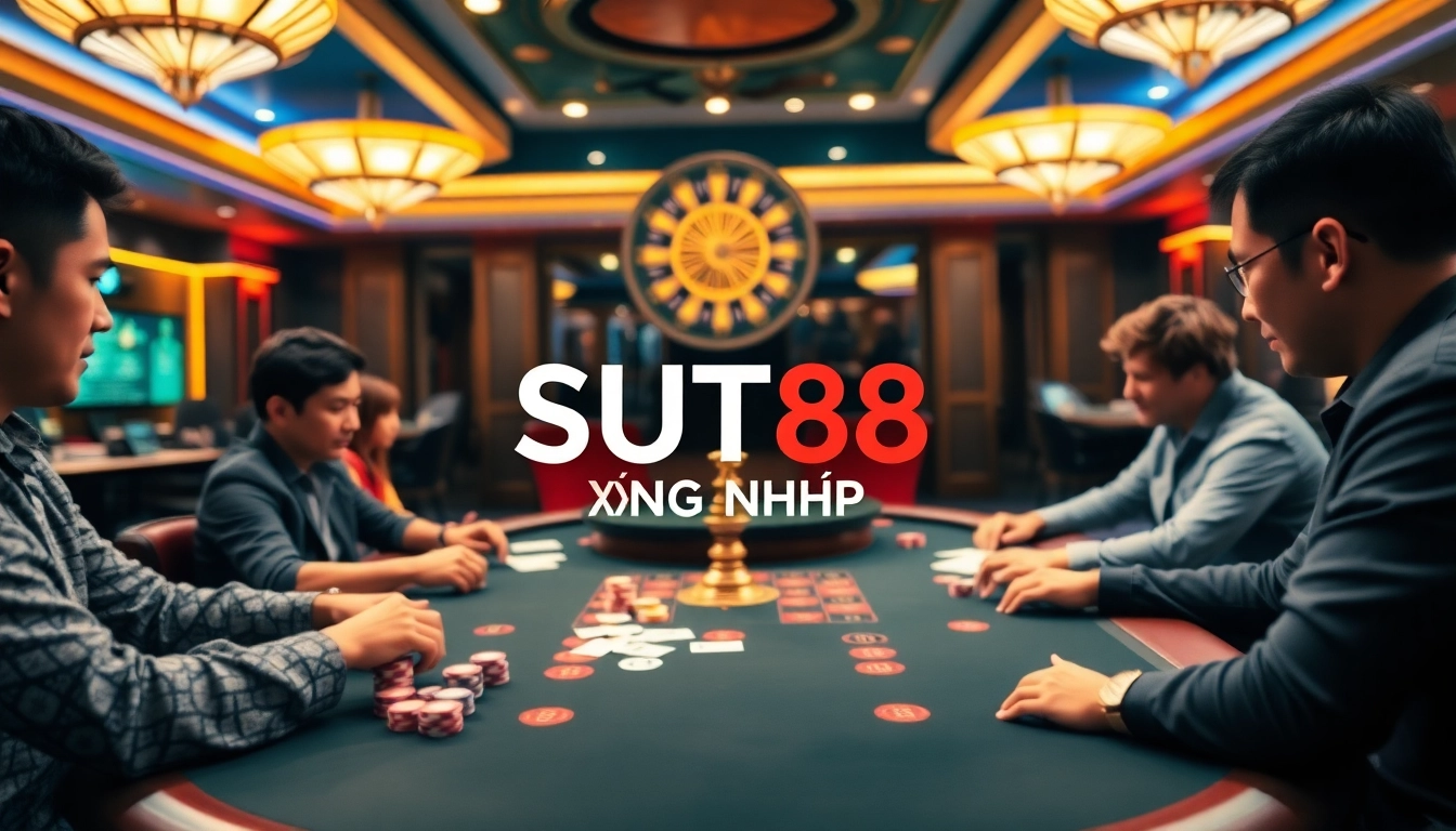 SUT88 ĐĂNG NHẬP experience depicted with engaged players at a poker table and a vibrant roulette wheel.