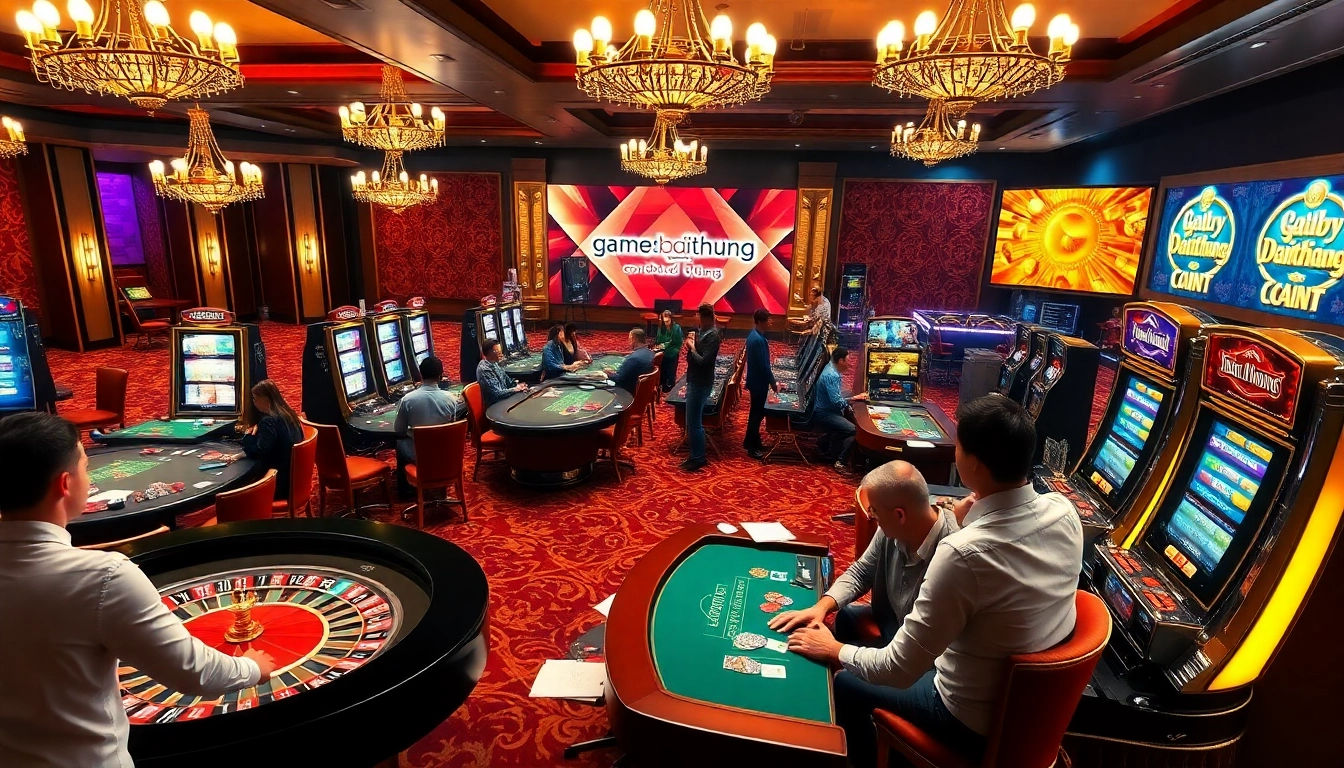 Experience the thrill of gamebaidoithuong as players engage in exciting casino games with vibrant roulette wheels, cards, and chips.