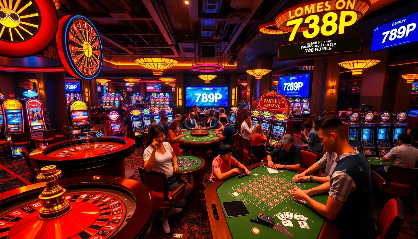Exciting scene in a casino with players at tables featuring 789P branding, capturing thrilling gambling moments.