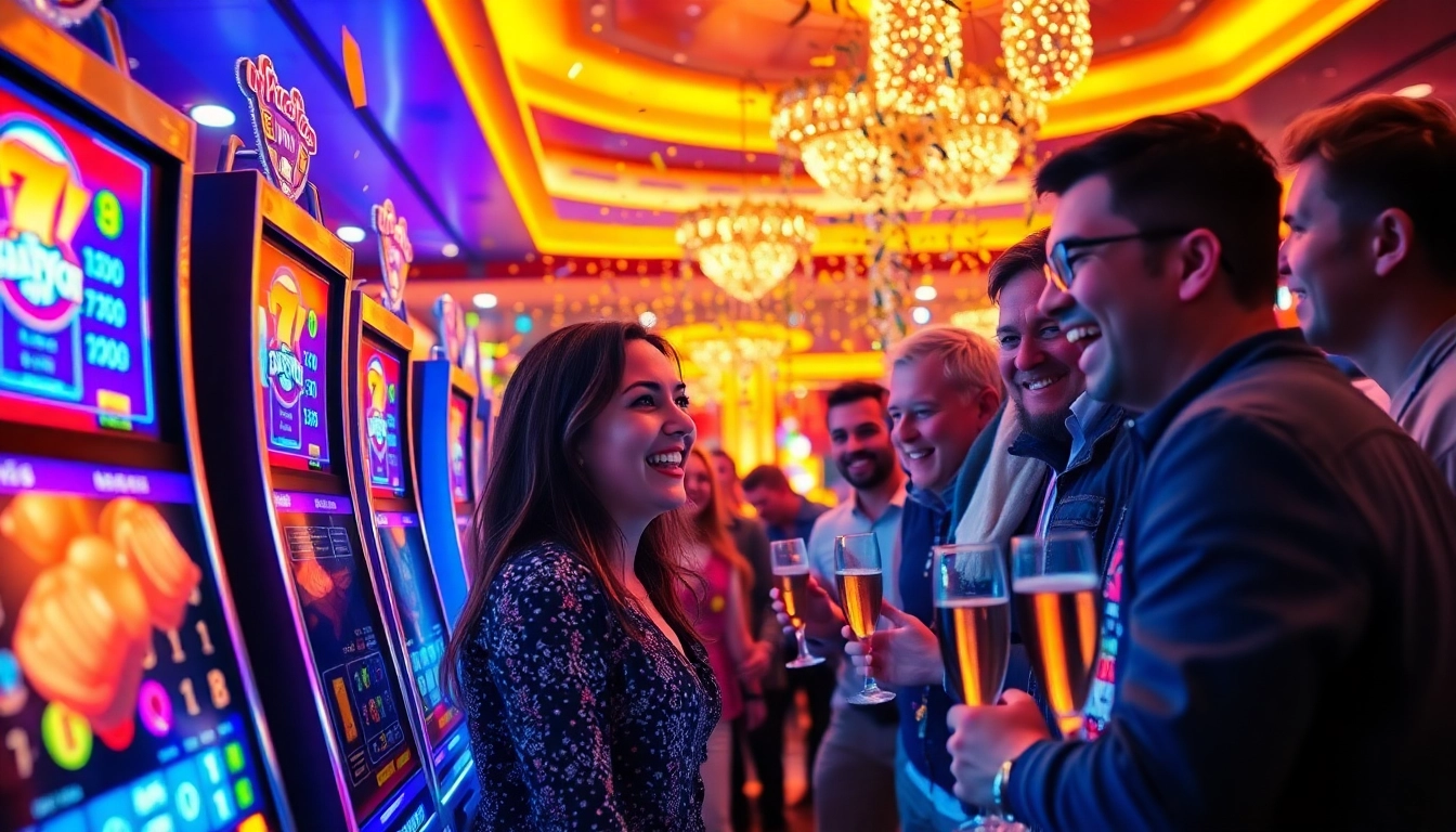 Players celebrating a big win at a Slot gacor machine, surrounded by joy and excitement.