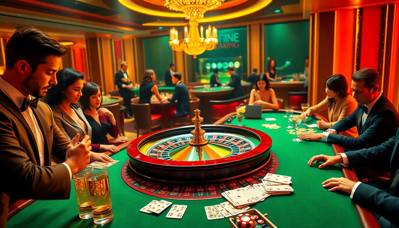 Experience thrilling gameplay at FB88 with vibrant casino tables, cards, and roulette wheels.