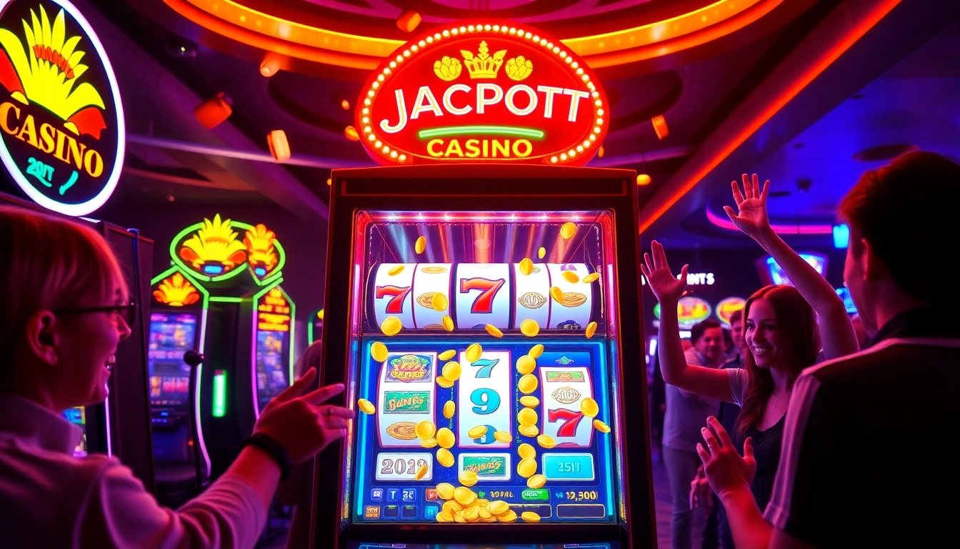Excited players celebrating their win at the slot gacor terpercaya with colorful jackpot lights.